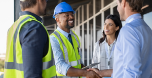contingent worker with hard hat shaking hand with manager before work on construction project begins