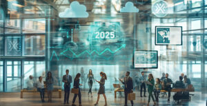 Staffing trends for 2025 - represented by business people walking around a modern office and some seated at a table while futuristic holograms above them represent global communications, technology, AI and other relevant symbolic meaning to the staffing industry.