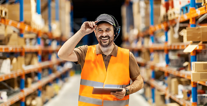 Warehouse staffing manager with tablet computer and orange high vis vest smiling at the camera